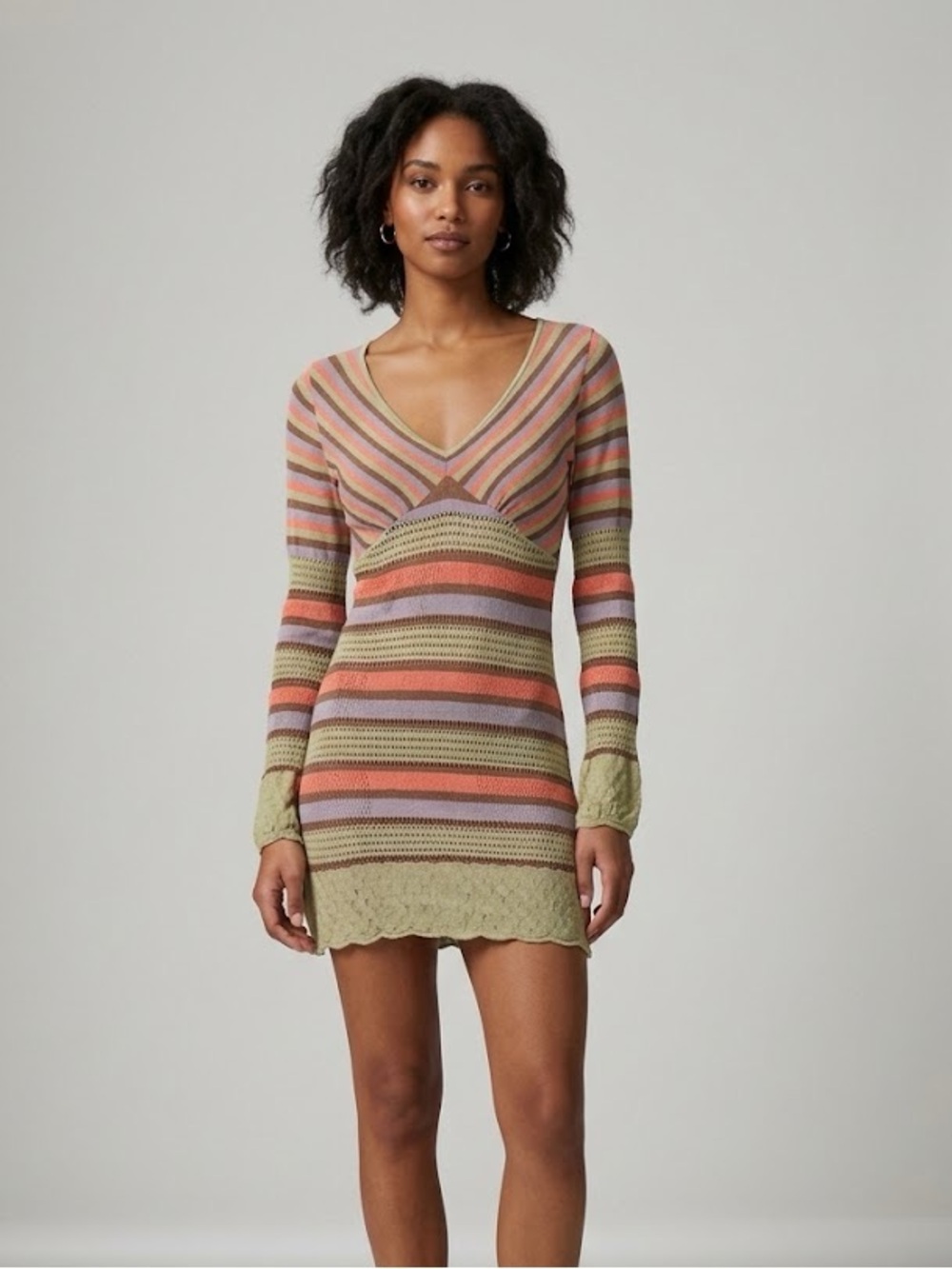 Y2K Boho Crochet Knit Mini Long sleeve  Dress
